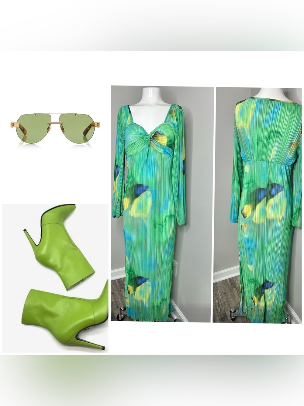 SHEIN Green Multi-Print Pleated Maxi Dress-large